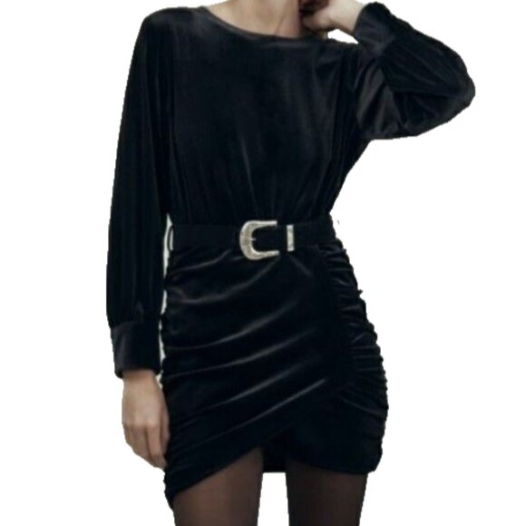 NWT ZARA VELVET DRAPED MINI COCKTAIL PARTY BELTED GORGEOUS DRESS OPEN BACK BLACK - Picture 1 of 5